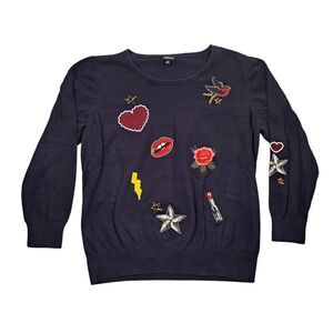 Torrid Sweater Womens 3 Long Sleeve Black Embroidered Heart Rose Lips Bird